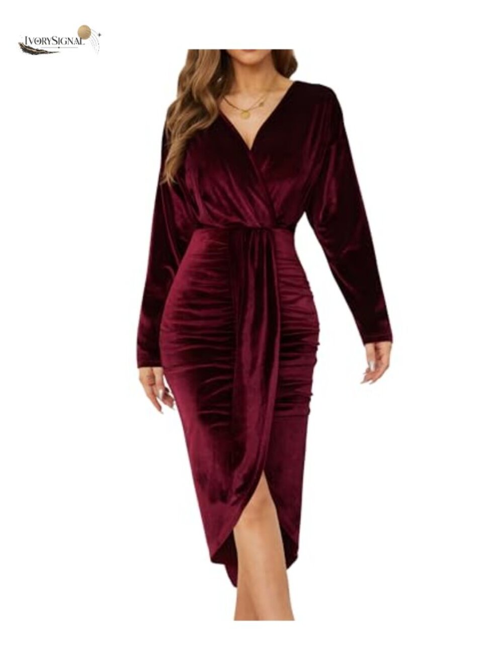 Women's V Neck Long Sleeve Ruched Velvet Wrap Cocktail Party Midi Dress